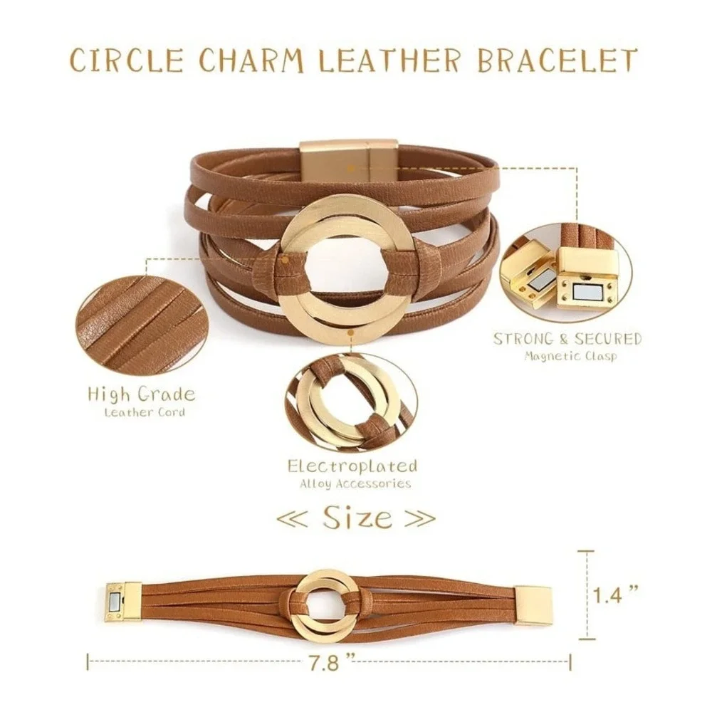 New Boho Circle Charm Leather Bracelet